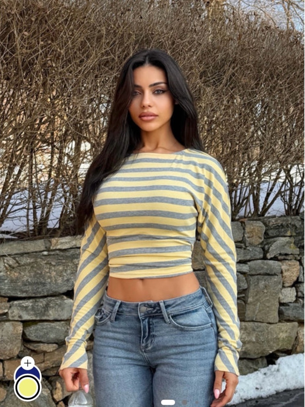 Fashion Nova Yellow and Gray Striped Long-Sleeve Crop Top